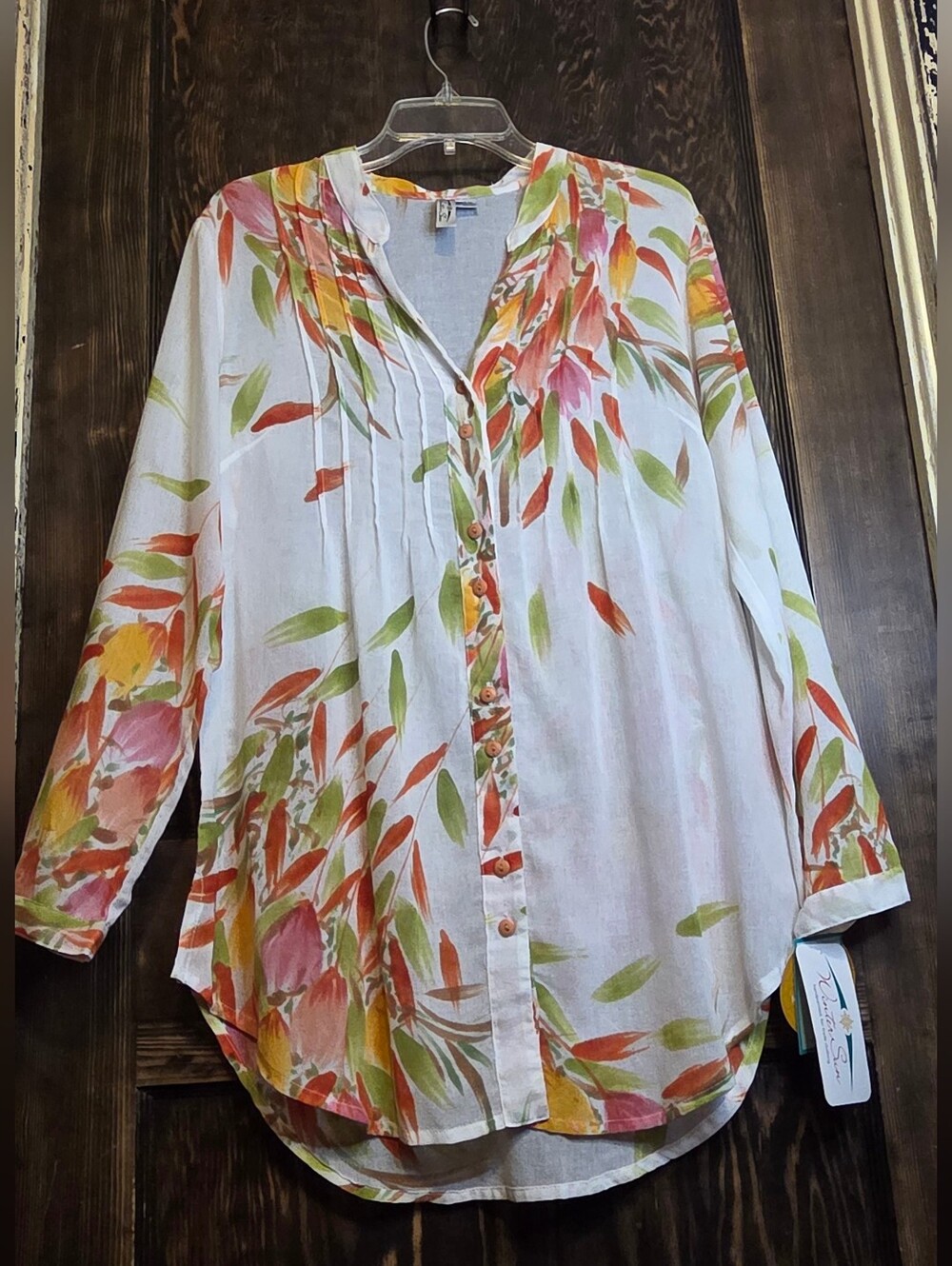 NWT Winter Sun Floral Pintuck Button-Front Tunic - Hand painted